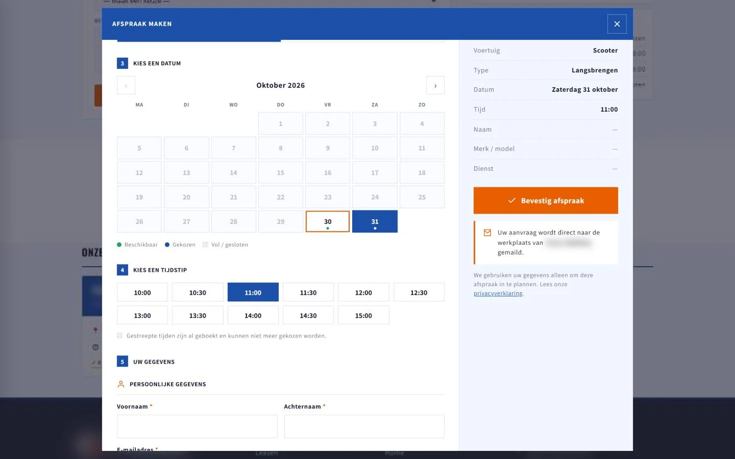 De afsprakenmodule op de live webshop