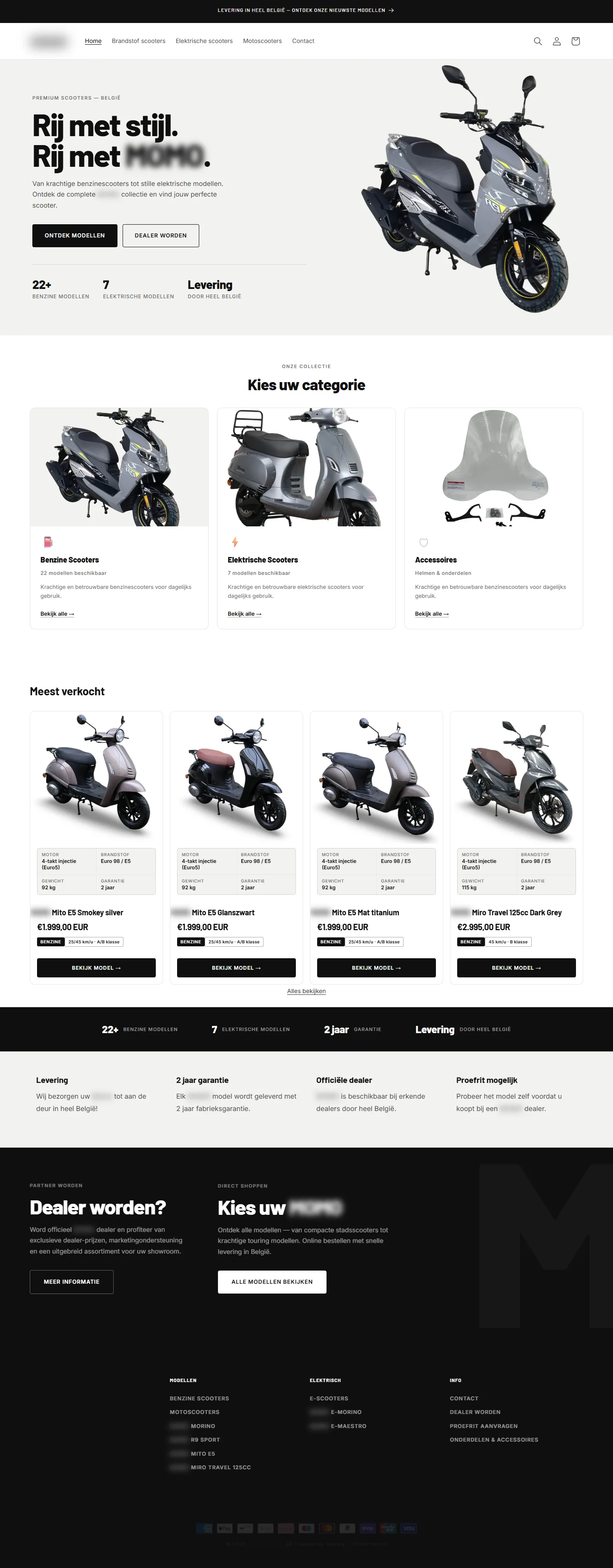 Homepage van het scootermerk, volledige pagina