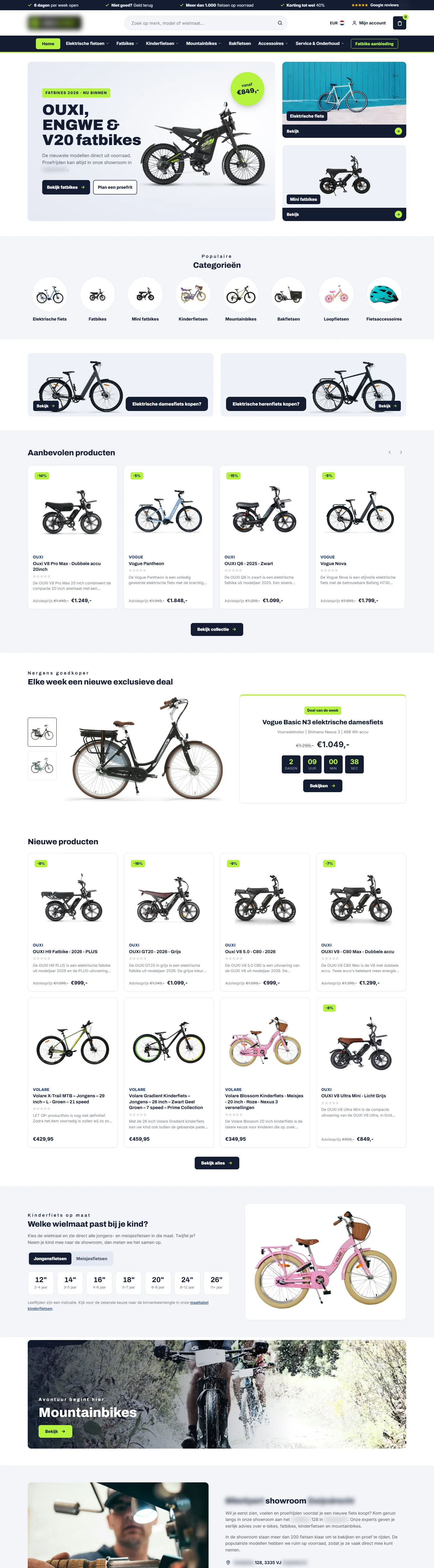 Homepage van de fietsenwinkel, volledige pagina